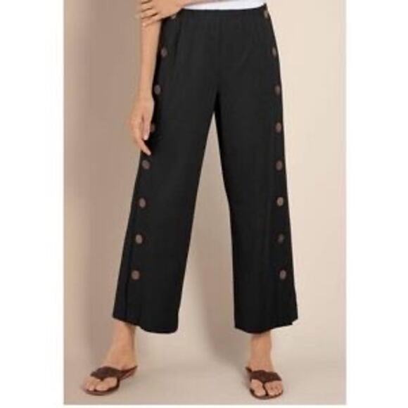 Soft Surroundings Side Button Wide Cropped Leg Pants Size M Medium Black NWT - Picture 1 of 8